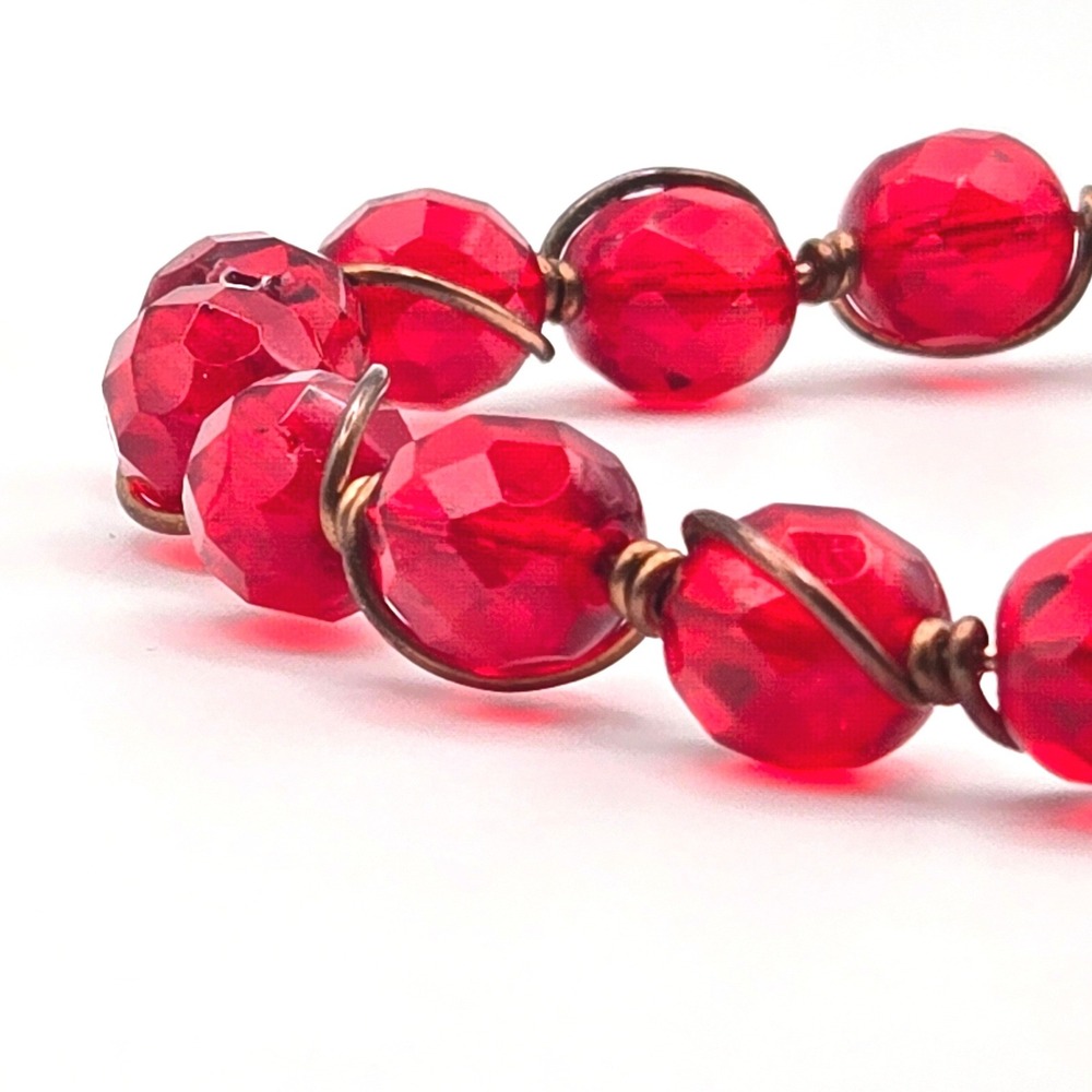 Handmade Red Faceted Glass Bead Wire Wrapped Bracelet Copper‎ Tone 6.5" Beaded